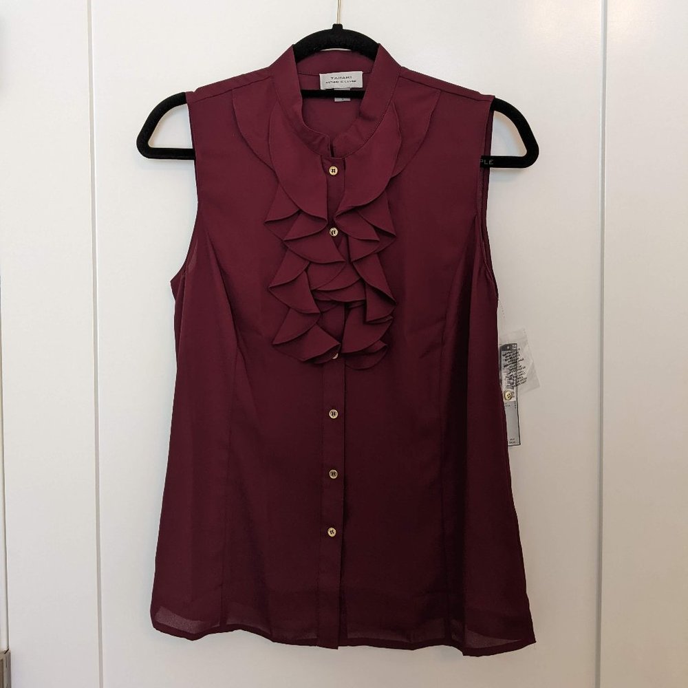 NWT Tahari Burgundy Ruffled Sleeveless Button-down Blouse in Size Small